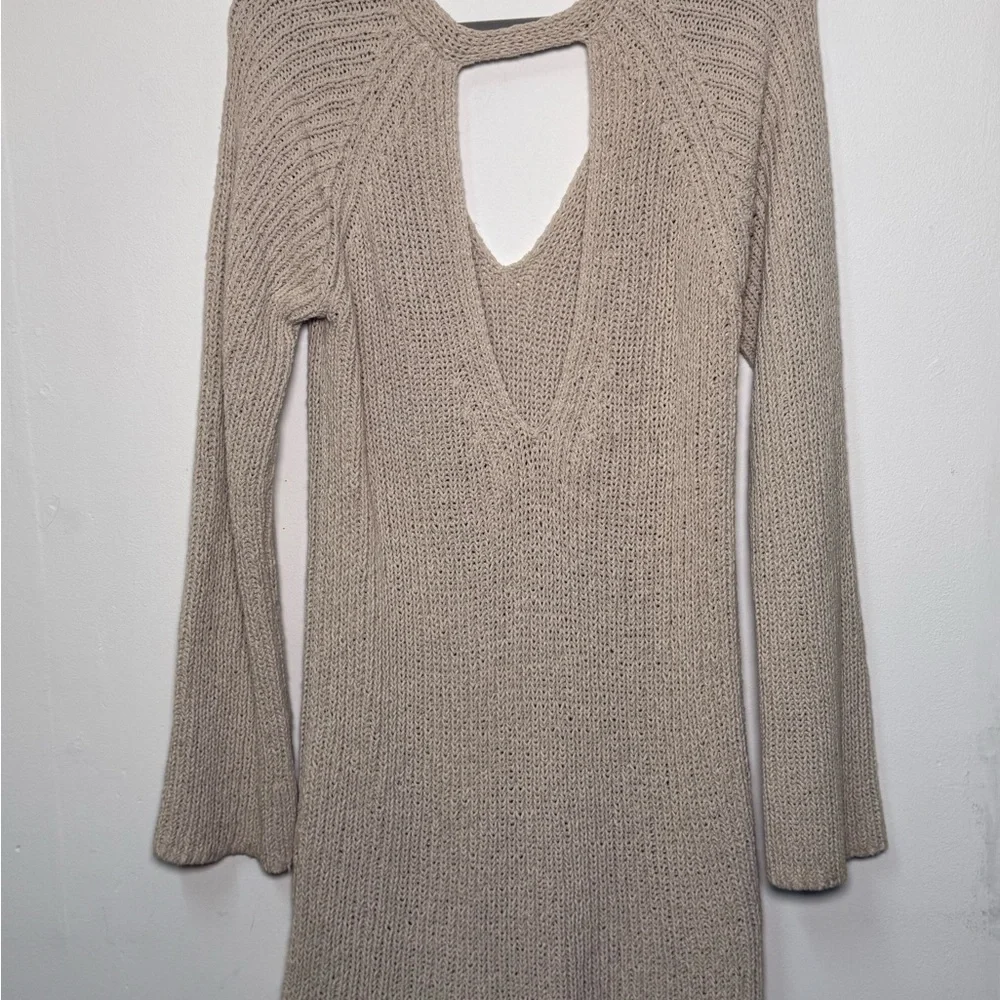 Free People V-Neck Sweater crochet knit sweater with bell sleeves open back - Picture 7 of 7